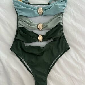 Green and Blue One-Piece Swimsuit with Gold Accents SMALL